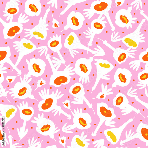 Floral seamless vector pattern featuring abstract white flowers on a pink background. Design is perfect for a variety of uses, including fashion, home decor, digital artwork, and stationery