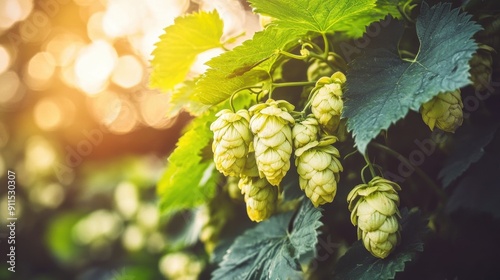 Sunlit hop cones in lush greenery photo