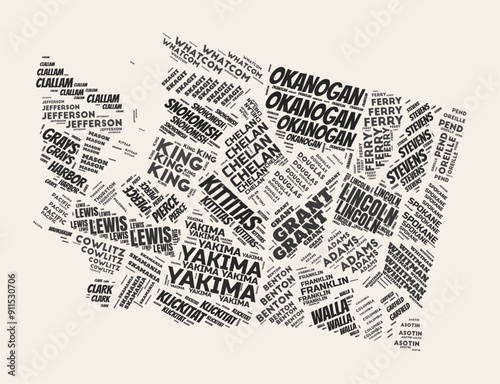 Washington Word Cloud. State with counties division. Washington typographic text clouds vector image design. Vintage gazette style state shape image. Awesome vector illustration.