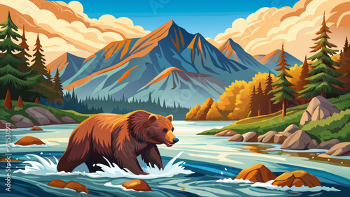 Large brown bear is hunting salmon running upstream to spawn in a clear water river in the wilderness