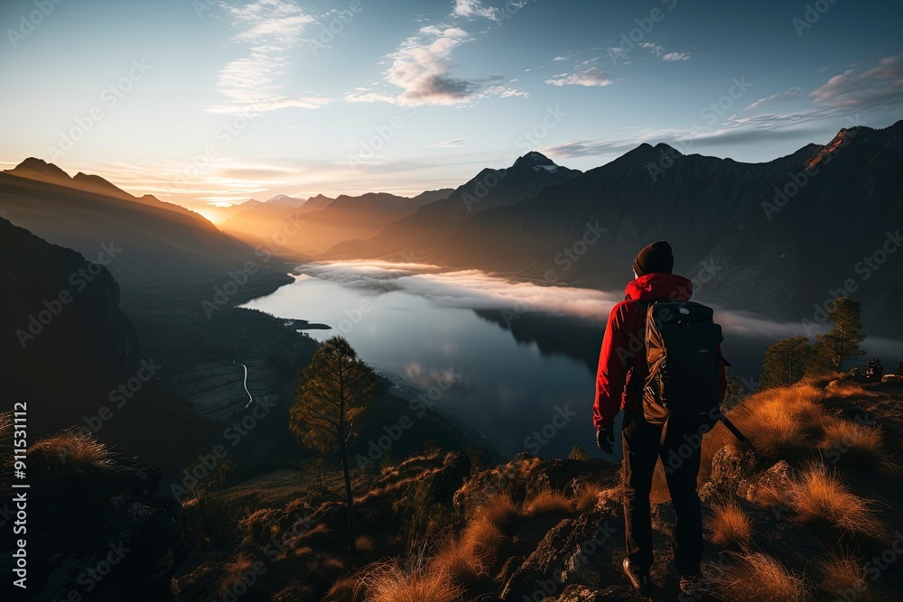 Fototapeta premium image of a mountain climber with a beautiful mountain background and clouds with generative ai