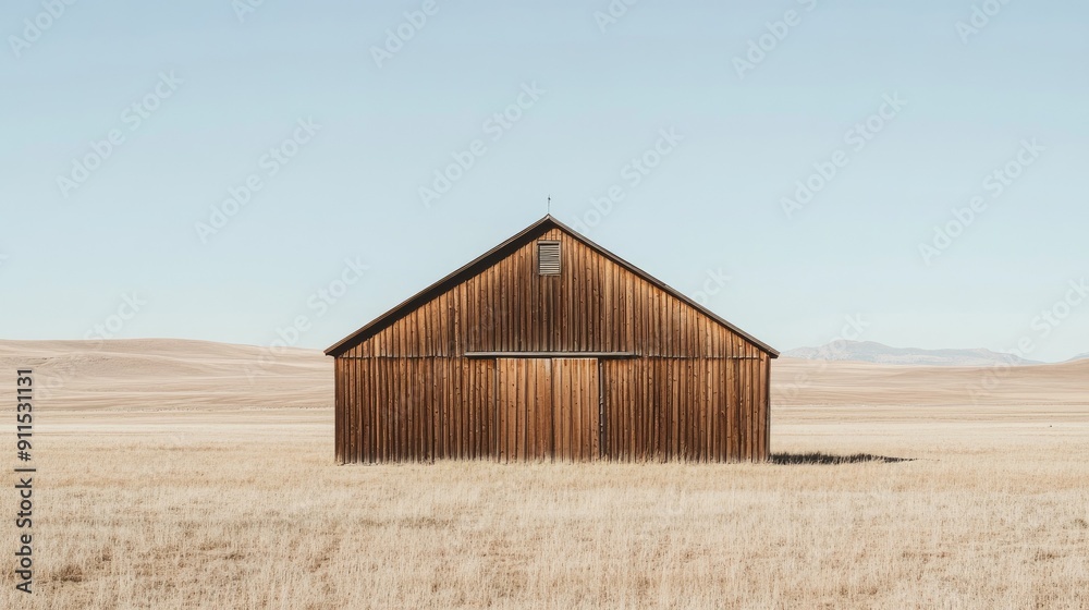 A rustic wooden barn stands in an open field under a clear blue sky, evoking a sense of tranquility and rural simplicity. A rustic wooden barn stands in an open field under a clear blue sky, evoking a sense of tranquility and rural simplicity.