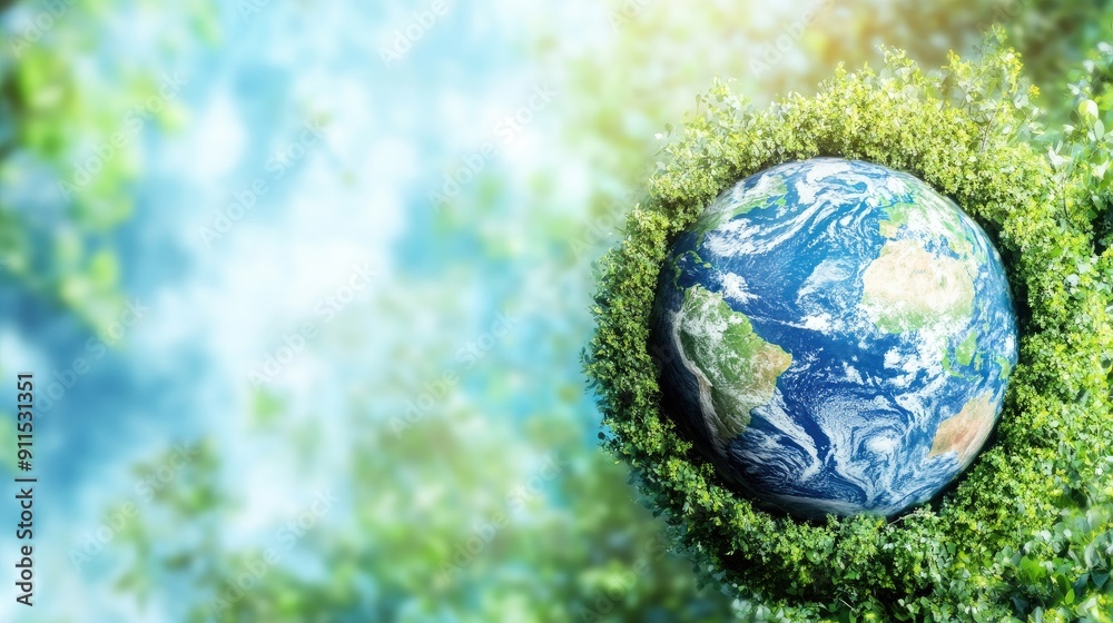 A vibrant depiction of Earth surrounded by lush greenery, symbolizing nature, sustainability, and environmental awareness.