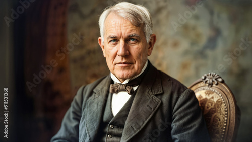 Portrait of Thomas Alva Edison, older man with white hair in vintage suit and bow tie. He exudes confidence and wisdom. Elegant 19th-century historical style.