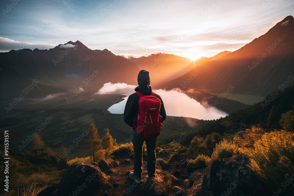 Fototapeta premium image of a mountain climber with a beautiful mountain background and clouds with generative ai