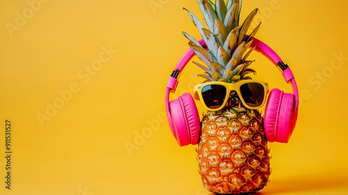 Summery photo with a pineapple wearing headphones and enjoying music. It's a fun, colorful way to celebrate summer using a minimalist style that's both stylish and cool. photo