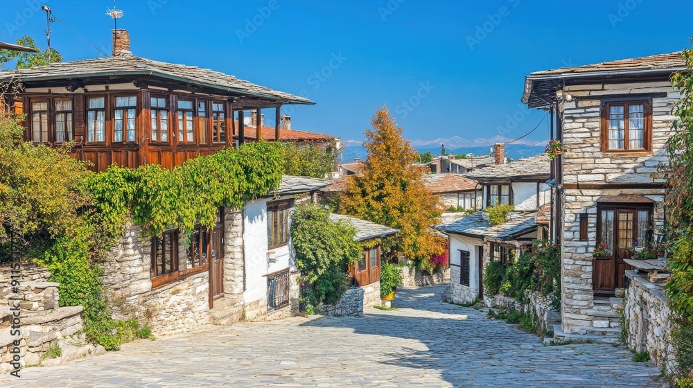 Charming stone houses adorned with greenery, nestled in a picturesque village street under a clear blue sky. Charming stone houses adorned with greenery, nestled in a picturesque village street under a clear blue sky.