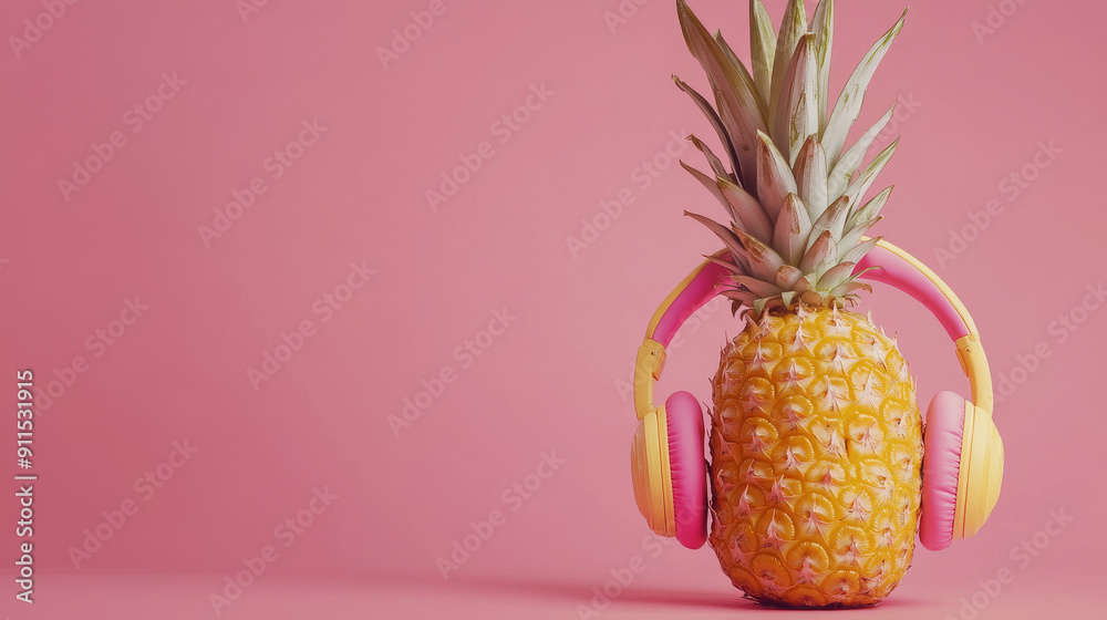 Summery photo with a pineapple wearing headphones and enjoying music. It's a fun, colorful way to celebrate summer using a minimalist style that's both stylish and cool. Summery photo with a pineapple wearing headphones and enjoying music. It's a fun, colorful way to celebrate summer using a minimalist style that's both stylish and cool.
