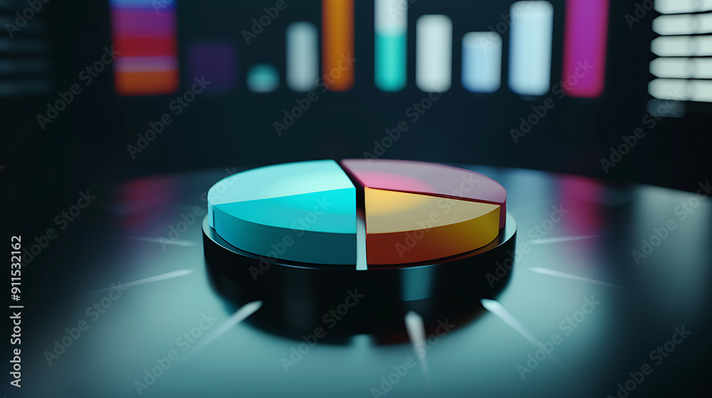 Fototapeta premium Blue and yellow pie chart on a black surface, representing data analysis and business strategy, conveying professionalism and success. 