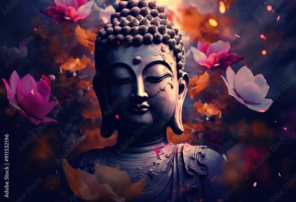 buddha statue with lotus flowers in the background
buddha statue with lotus flowers in the background