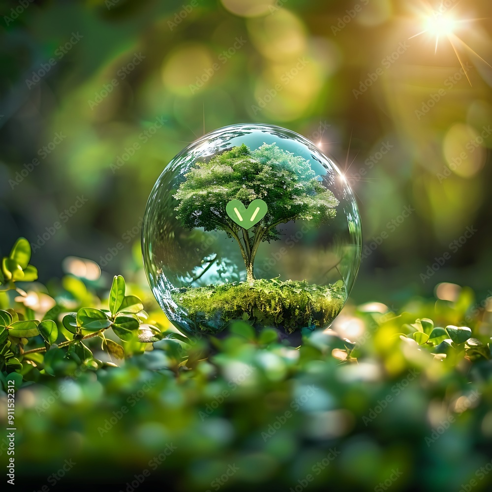 Globe ball with tree growing and green nature blur background, Eco concept, Saving environment, Save clean planet, Ecology concept, Card for world earth day, generative Globe ball with tree growing and green nature blur background, Eco concept, Saving environment, Save clean planet, Ecology concept, Card for world earth day, generative