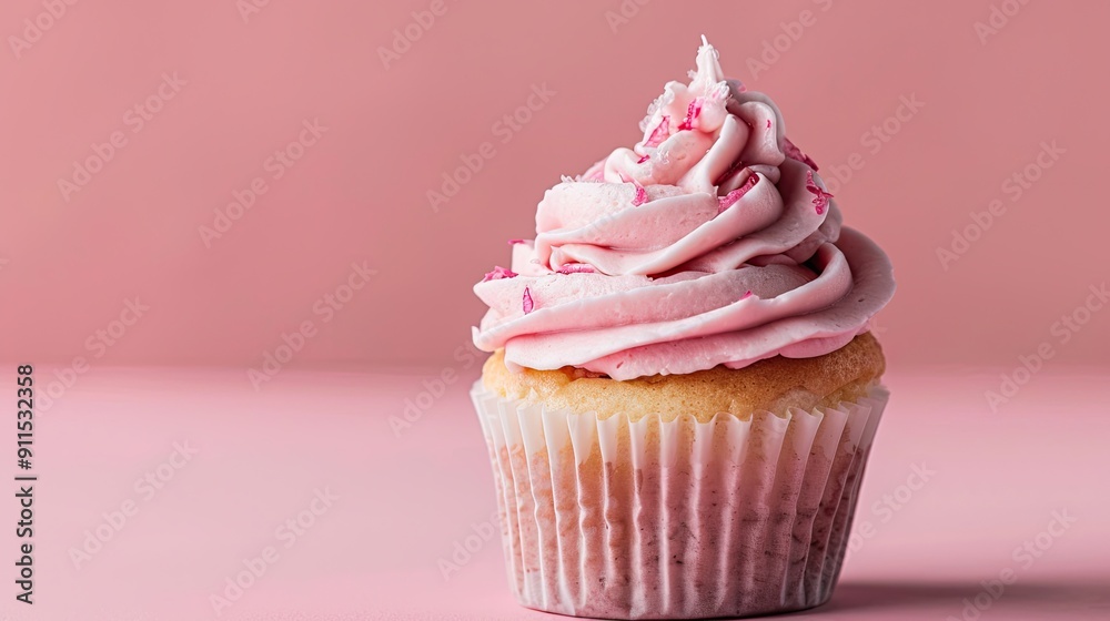 cupcake with pink frosting on a pink background cupcake with pink frosting on a pink background