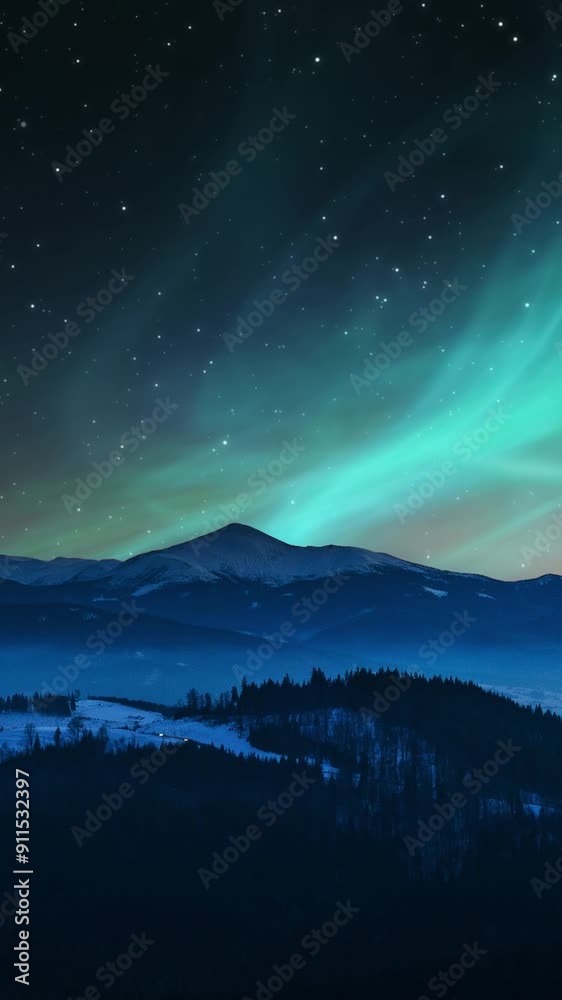 Aurora Borealis or Northern Lights, mountain scenery landscape at night. Great for Relaxing Ambient backgrounds. Polar lights, winterscape concept. Vertical, phone wallpaper