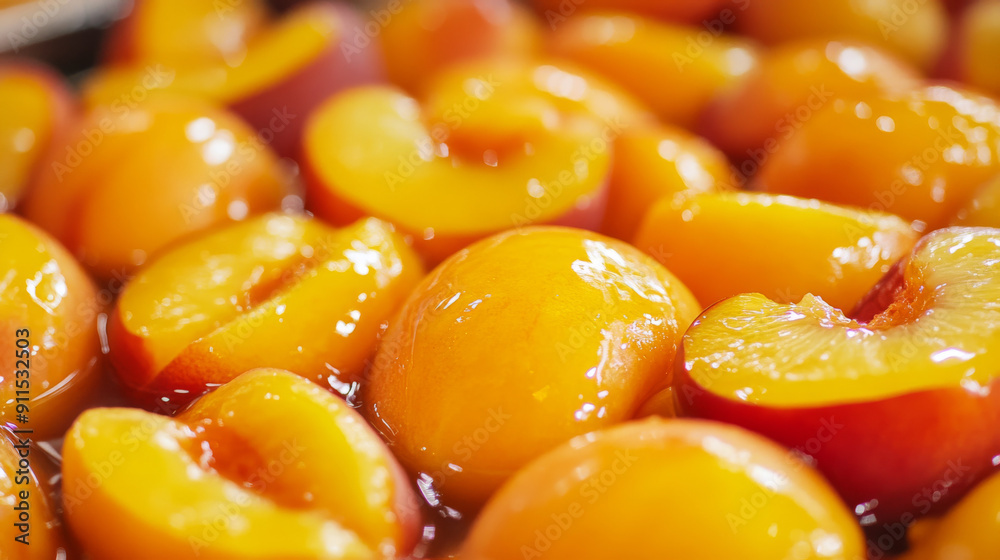 Sweet, canned peaches in a sugary syrup. Sweet, canned peaches in a sugary syrup.