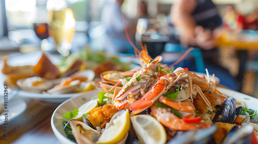 A delicious seafood platter with red and white prawns, mussels, and lemon, perfect for a summer seaside meal.
A delicious seafood platter with red and white prawns, mussels, and lemon, perfect for a summer seaside meal.