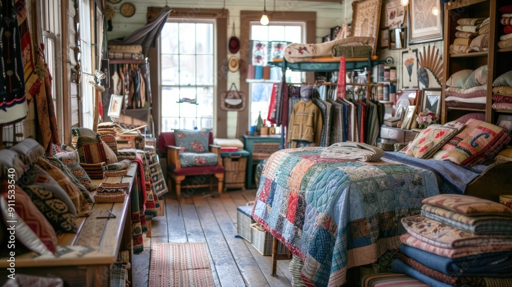 Cozy quilting studio filled with colorful fabric, handmade quilts, and crafting supplies,