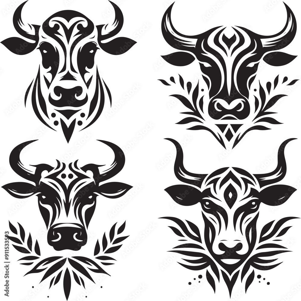 head of a bull Cow face set silhouette, tribal tattoo vector white background tattoo design head of a bull Cow face set silhouette, tribal tattoo vector white background tattoo design