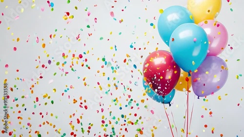 Colorful balloons and falling confetti over white festive background with copy space, fun of birthday party celebration