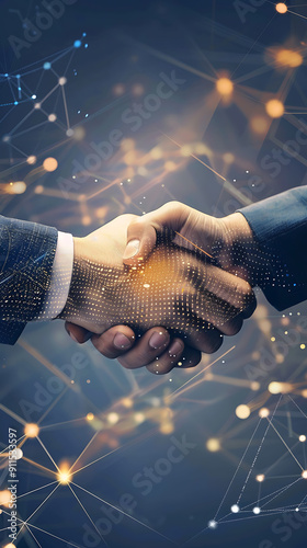 Two hands shaking in a digital network, blue and gold, symbolizing a successful business partnership, a modern concept for technology and collaboration. 
