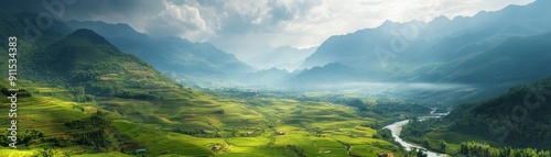 A stunning valley view with terraced fields stretching out in the foreground, surrounded by towering mountains and a serene river winding through the lush landscape