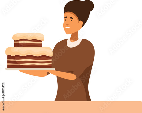 Pastry chef is holding a chocolate cake with frosting on a white background