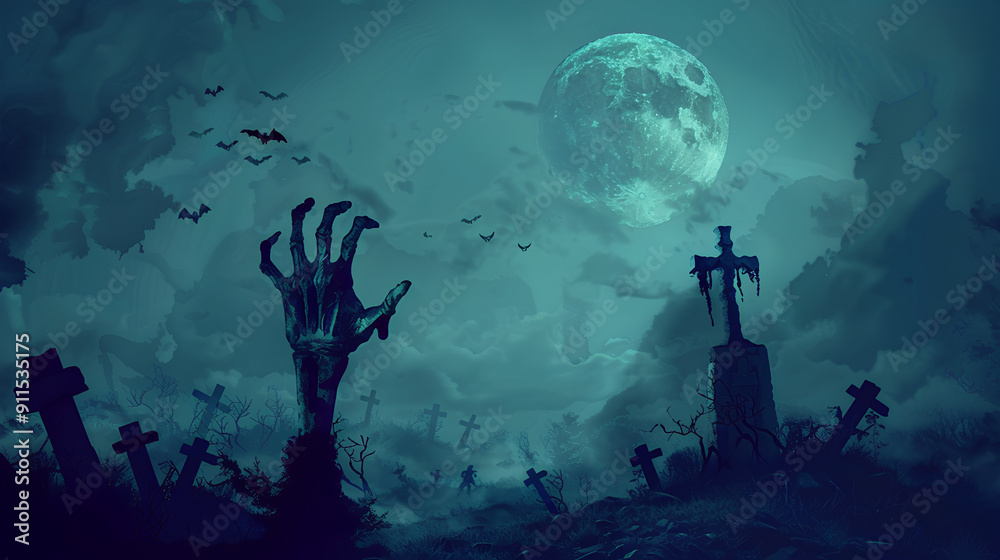 Hand of a zombie coming out of a graveyard on Halloween night, festive background poster Hand of a zombie coming out of a graveyard on Halloween night, festive background poster