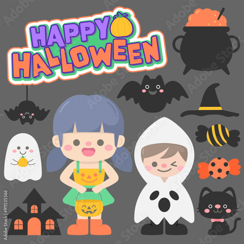 Kid hand drawn cute and colorful happy halloween