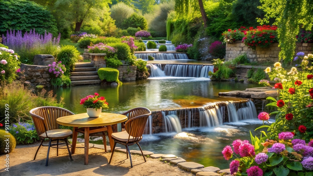 Fototapeta premium A Tapestry of Blooms and Water's Grace: A Miniature Food Garden by the River's Edge AI generated