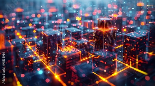 A cityscape with buildings lit up in orange and blue