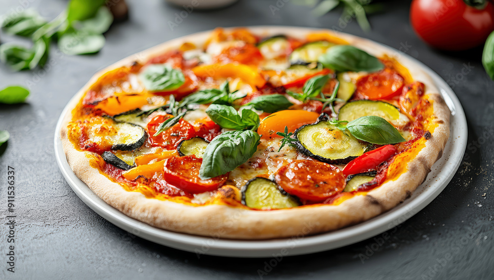 Vegetarian pizza with lots of vegetables. Vegetarian pizza with lots of vegetables.