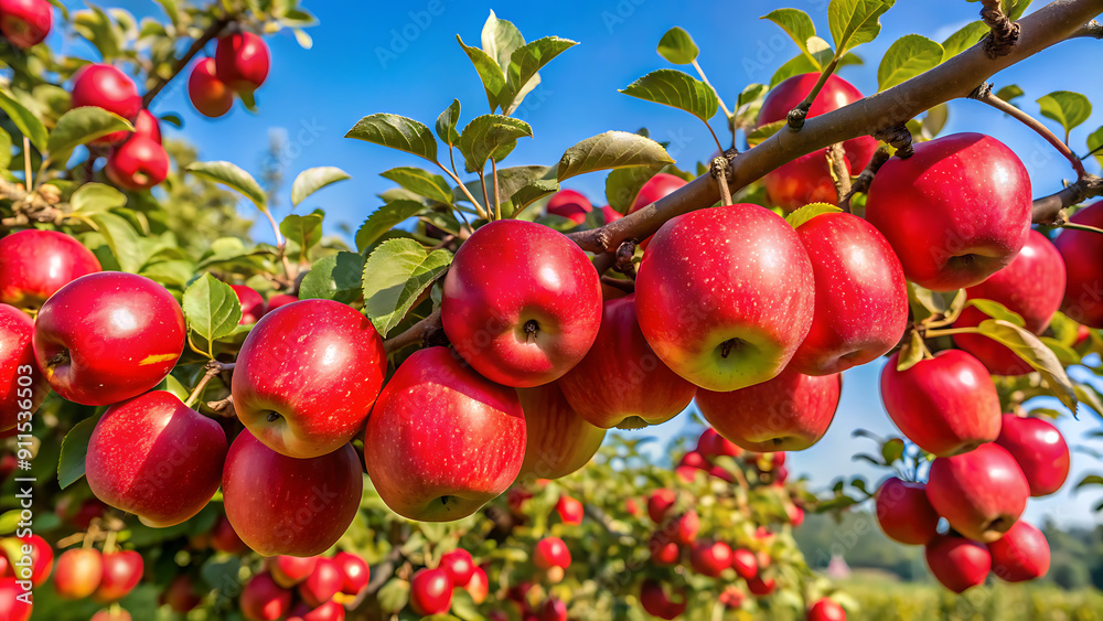 Obraz premium Apple trees in the garden with ripe red apples ready for harvest. 