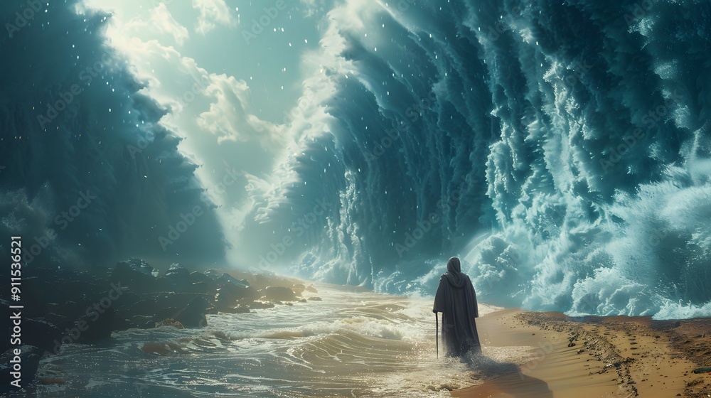 Obraz premium A dynamic scene of Moses parting the Red Sea, the waters parting majestically to allow the Jews to cross, intense lighting, towering water walls, intricate details, rich colors, realistic textures,