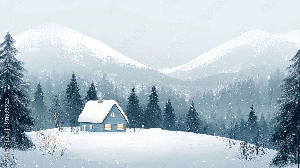 Fototapeta premium Winter aesthetic landscape with house forest and mountains muted. keep calm