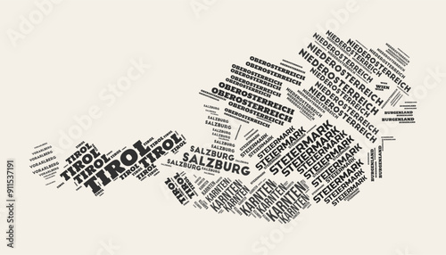 Austria Word Cloud. Country with regions division. Austria typographic text clouds vector image design. Vintage gazette style country shape image. Stylish vector illustration.