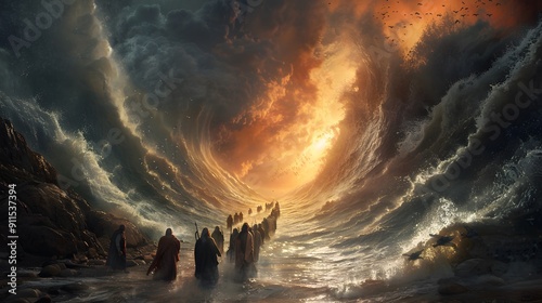 An epic depiction of Moses' staff parting the Red Sea, with jubilant Israelites beginning their journey, intense atmosphere, intricate details, rich colors, realistic textures, photo