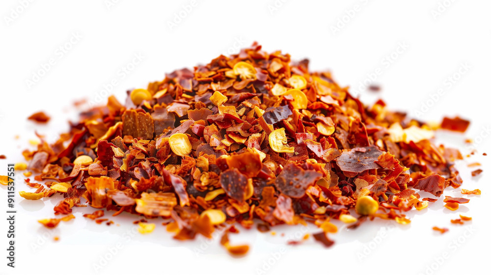 Close-up view of spicy red chili pepper flakes, finely chopped and ground dry paprika pile on a white background.
Close-up view of spicy red chili pepper flakes, finely chopped and ground dry paprika pile on a white background.
