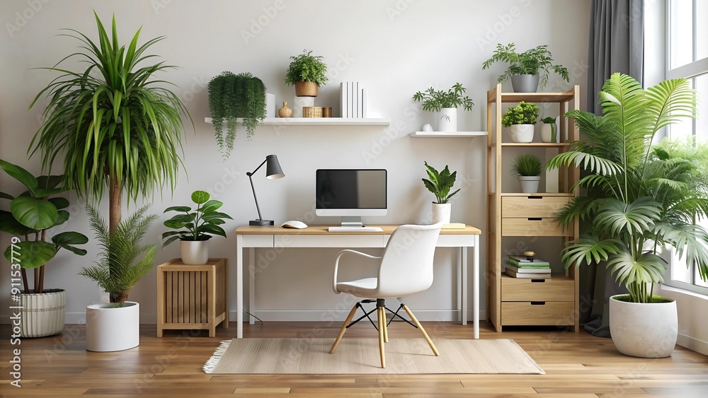 Minimalist Scandinavian Home Office with a Touch of Green Generative AI Minimalist Scandinavian Home Office with a Touch of Green Generative AI