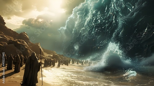 An epic scene of Moses leading the Israelites, his staff parting the Red Sea with towering walls of water, dramatic display of divine power, intense lighting, intricate details, rich colors, photo