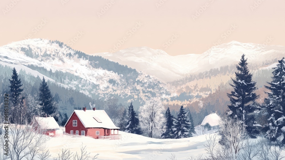 Winter aesthetic landscape with house forest and mountains muted. keep calm Winter aesthetic landscape with house forest and mountains muted. keep calm