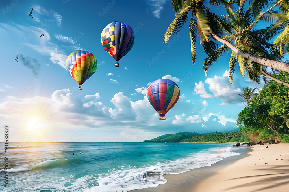 Colorful hot air balloons flying over a tropical beach, perfect for summer vacation and travel advertising.
Colorful hot air balloons flying over a tropical beach, perfect for summer vacation and travel advertising.