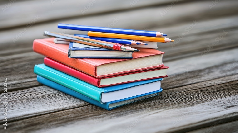 stack of books and pencil set, on wooden table stack of books and pencil set, on wooden table
