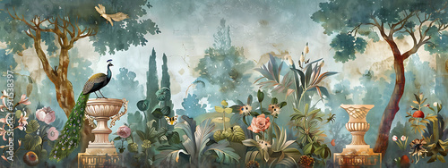 A vibrant peacock perched on a silver urn in a lush green garden with white flowers and a vintage aesthetic, evoking tranquility and beauty. background , wallpaper 