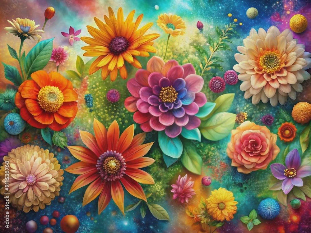 Vibrant colorful flowers bloom abstractly in a whimsical collage, blending petals and leaves in a dreamy, textured background, evoking feelings of serenity and joy. Vibrant colorful flowers bloom abstractly in a whimsical collage, blending petals and leaves in a dreamy, textured background, evoking feelings of serenity and joy.