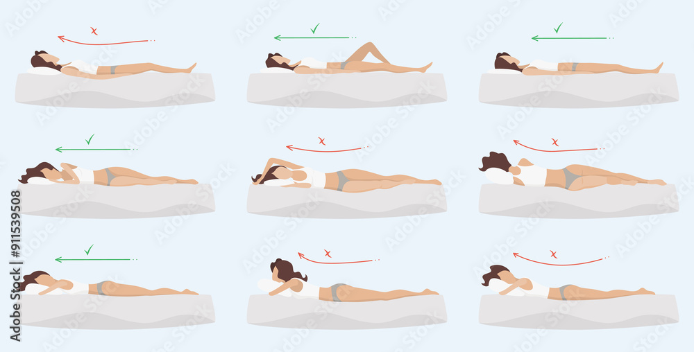 Correct and incorrect sleeping body posture. Healthy sleeping position spine in various mattresses and pillow. Caring for health of back, neck. Comparative illustration