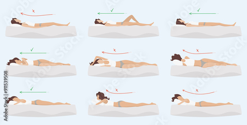 Obraz na płótnie Correct and incorrect sleeping body posture. Healthy sleeping position spine in various mattresses and pillow. Caring for health of back, neck. Comparative illustration w salonie