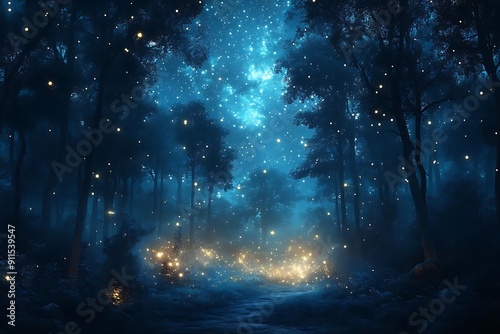 Enchanted Forest at Night with Fireflies and Stars