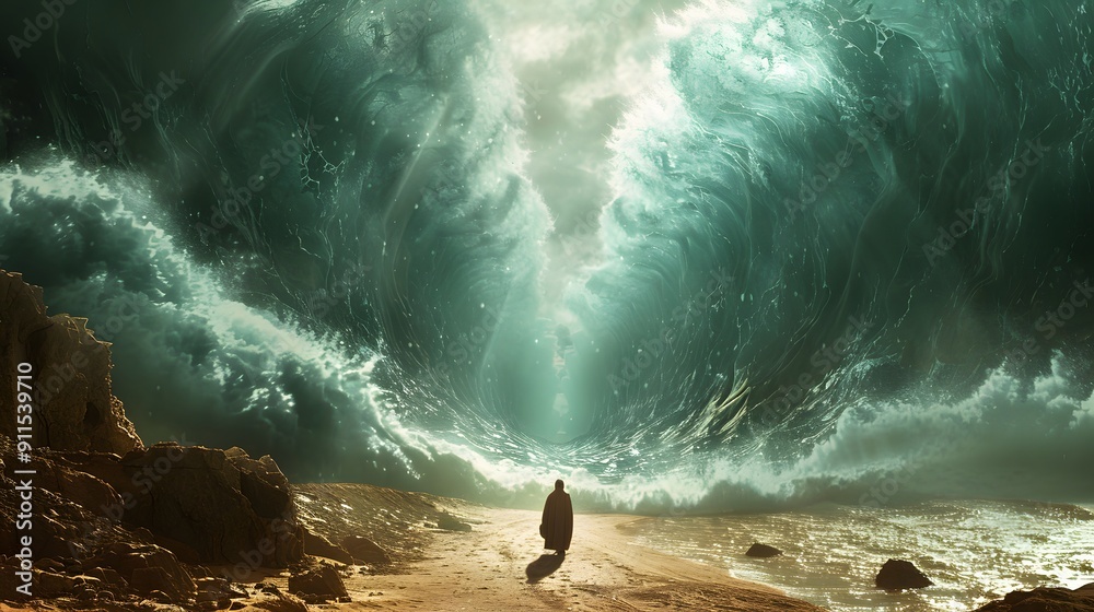 Fototapeta premium Moses, determined, parts the Red Sea, with water forming walls on either side of the dry path, intense lighting, towering walls of water, realistic textures, high detail, vivid colors,