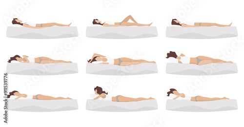 Correct and incorrect sleeping body posture. Healthy sleeping position spine in various mattresses and pillow. Caring for health of back, neck. Comparative  illustration