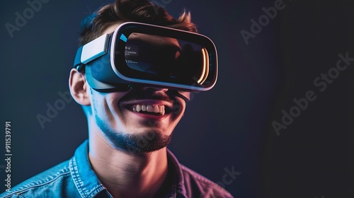 Man Smiling in VR Headset, Immersive Technology. photo