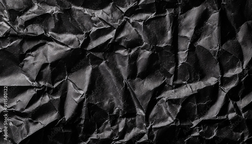 Textured Black Wrinkled Paper. Close-Up of Crumpled Black Fabric Material with Intricate Fold Patterns and Subtle Light Reflections